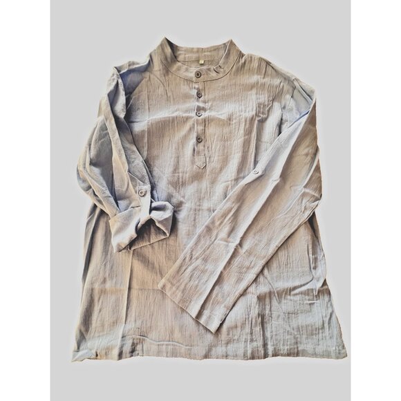 Henley Shirt Women's Sz L Gauze Popover Top Linen Cotton Adjustable Sleeve Blue - Picture 3 of 10